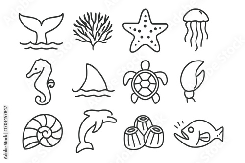 Marine Life Icons. Line style icons of marine life stamps: whale tail, coral fan, starfish, jellyfish float; seahorse shape, shark