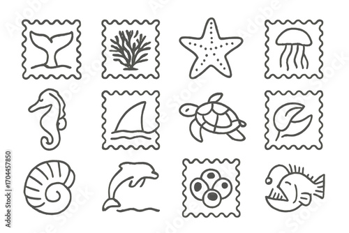 Marine Life Icons. Line style icons of marine life stamps: whale tail, coral fan, starfish, jellyfish float; seahorse shape, shark