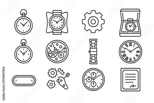 Watch Collectibles Icons. Line style icons of watch collectibles: open-face watch, wristwatch on cushion, gear detail, display box