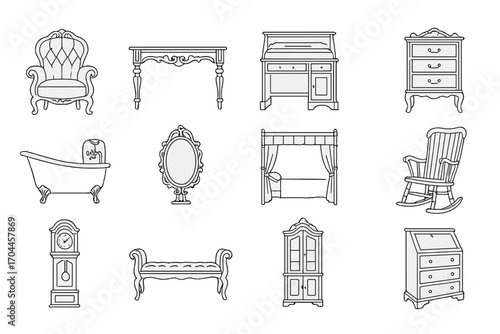 Antique Furniture Icons. Line style icons of antique furniture: Victorian armchair, carved wooden table, roll-top desk, vintage
