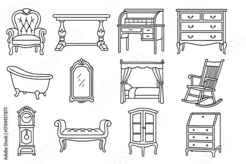 Antique Furniture Icons. Line style icons of antique furniture: Victorian armchair, carved wooden table, roll-top desk, vintage