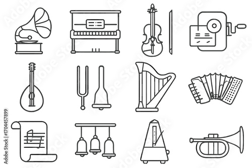 Antique Instrument Icons. Line style icons of antique musical instruments: gramophone, upright piano, violin with bow, hand-crank