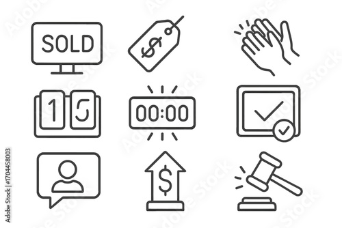 Auction Icons Set. Line style icons of auction result screens: SOLD notice, final price tag, applause icon, winning number;