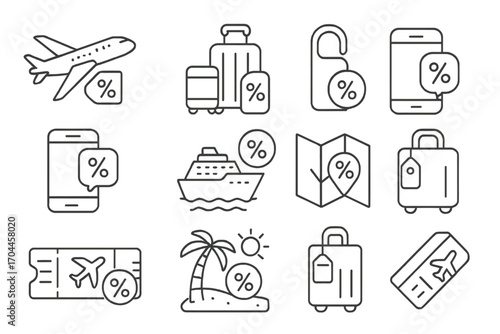 Travel Discount Icons. Line style icons of travel discounts: plane with percent tag, luggage and deal, hotel door with discount