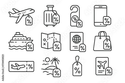 Travel Discount Icons. Line style icons of travel discounts: plane with percent tag, luggage and deal, hotel door with discount