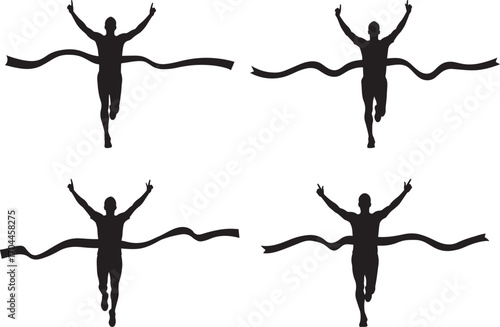 Four athletic runners crossing the finish line with arms raised in victory silhouette