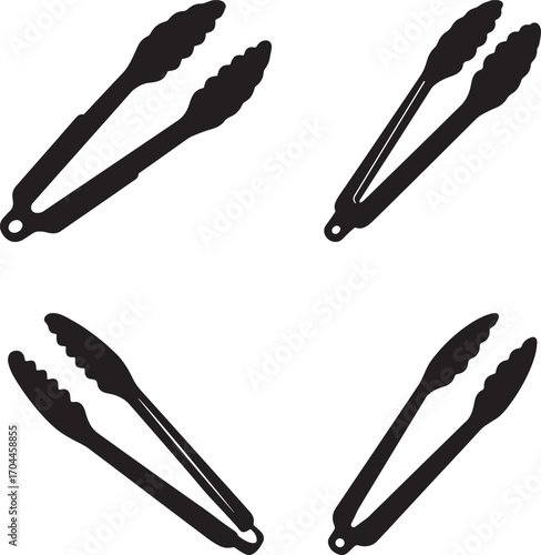 Four black kitchen tongs arranged in a grid silhouette