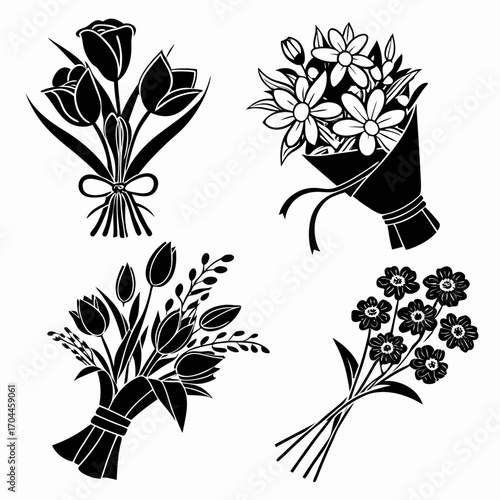 Four black and white floral bouquets each uniquely designed with different flower arrangements and bindings