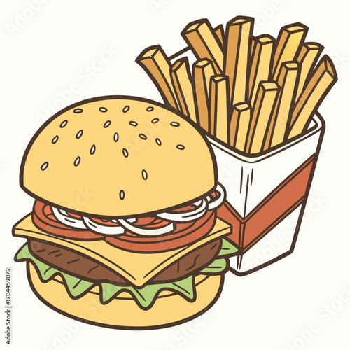 Illustration of a hamburger with sesame seed bun and french fries in a container on a white background