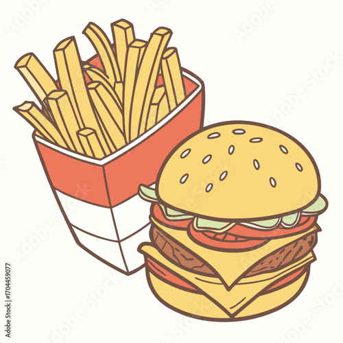 Illustration of a double cheeseburger with lettuce, tomato, and a side of french fries in a box