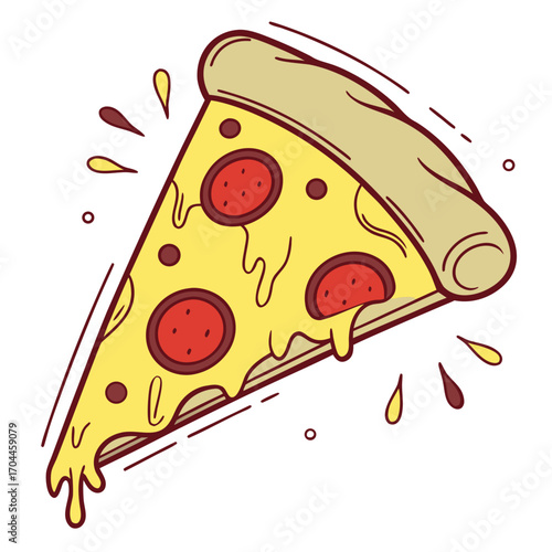 Illustration of a pepperoni pizza slice with dripping cheese and a thick crust on a white background
