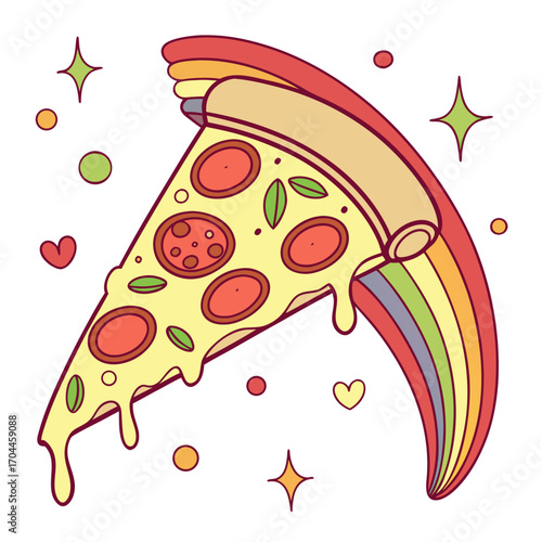 Illustration of a pizza slice with pepperoni and basil topping with a rainbow crust and sparkles around it