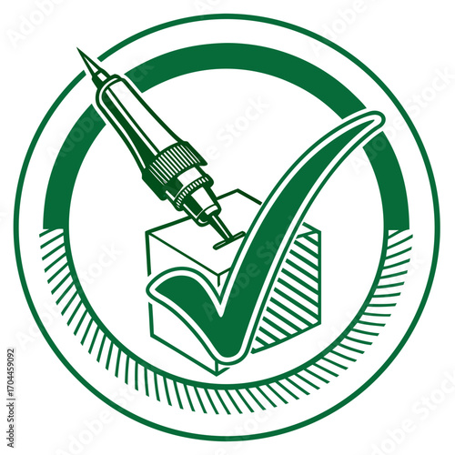 Green vaccination icon with syringe injecting a box and checkmark inside circular border design element