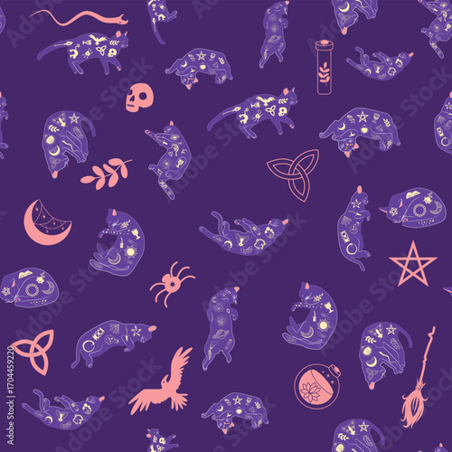 Mystical seamless pattern of cats in boho style, silhouette collection. Esotericism and mysticism, occultism. Cartoon flat vector illustrations, isolated