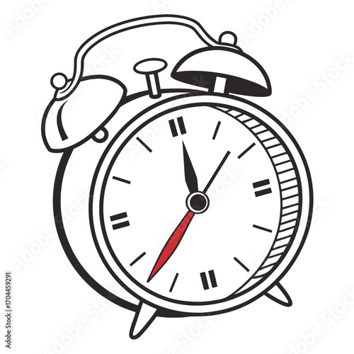 Illustration of a classic alarm clock with bells showing almost twelve o'clock in black and white