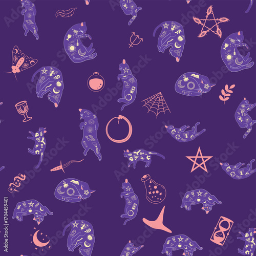 Mystical seamless pattern of cats in boho style, silhouette collection. Esotericism and mysticism, occultism. Cartoon flat vector illustrations, isolated