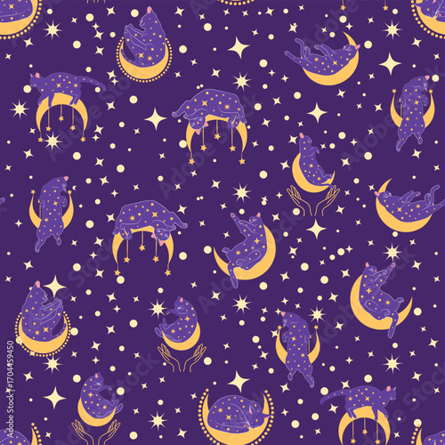 Mystical seamless pattern of cats in boho style, silhouette collection. Esotericism and mysticism, occultism. Cartoon flat vector illustrations, isolated