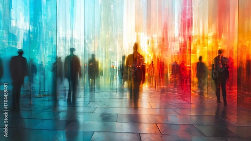 Blurred image of people walking in a city with a colorful background