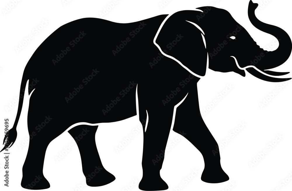 Fototapeta premium Minimal vector silhouette, elephant walking with trunk swinging back, tail swishing, side profile, solid black