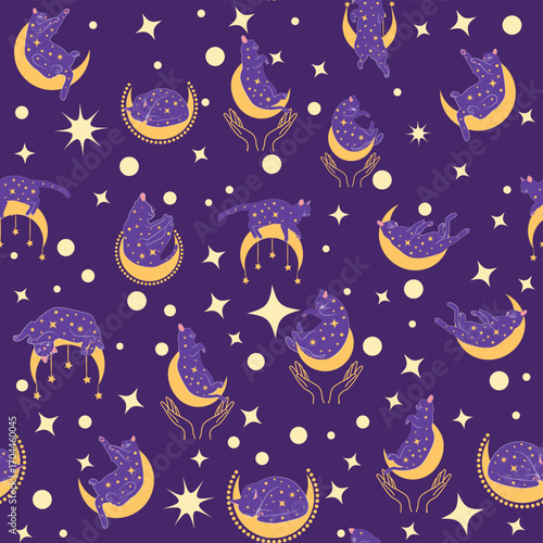 Mystical seamless pattern of cats in boho style, silhouette collection. Esotericism and mysticism, occultism. Cartoon flat vector illustrations, isolated