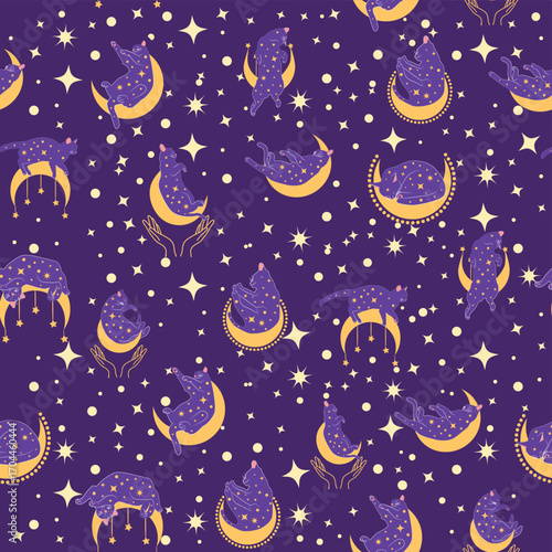 Mystical seamless pattern of cats in boho style, silhouette collection. Esotericism and mysticism, occultism. Cartoon flat vector illustrations, isolated