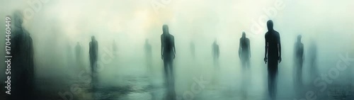 Many silhouettes of people standing in a foggy area