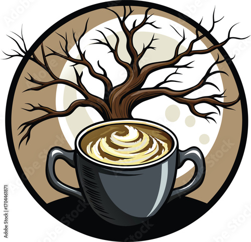 Spooky Cappuccino Foam Coffee Tree Moon Design Art