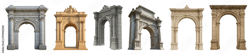 Obraz premium Architectural arch set including classical, ornate, stone, and ancient styles isolated. Design resource collection.