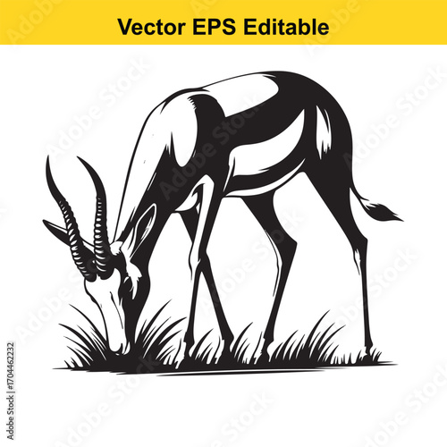 Vector art of black and white illustration of a gazelle grazing on grass