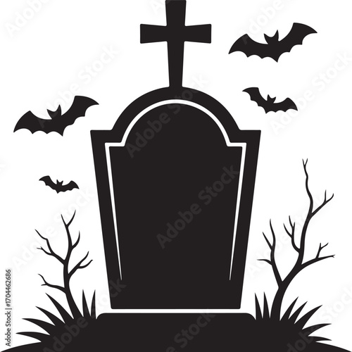 Black tombstone with cross and bats graveyard spooky