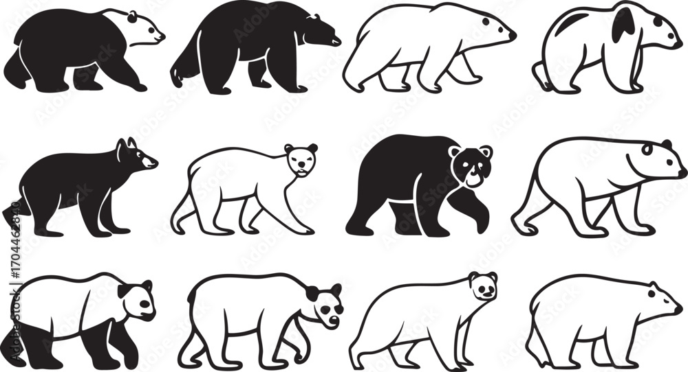 Fototapeta premium Diverse bear silhouettes walking and standing panda polar bear
