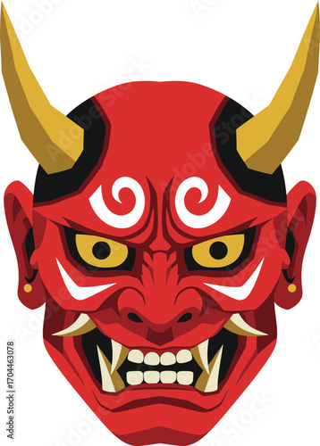 Intricate Red Hannya Mask with Golden Horns, Traditional Japanese Noh Theatre Demon, Cultural Folklore Symbol of Jealousy and Vengeance Art.