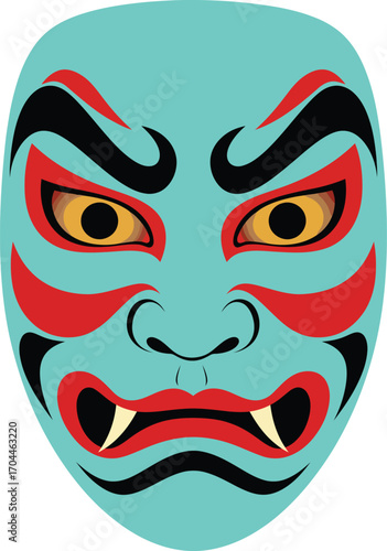 Kabuki Japanese Mask Illustration, Traditional Cultural Theatre Performance, Evil Demon Oni Role, East Asia Folklore Symbol, Theatrical Makeup.