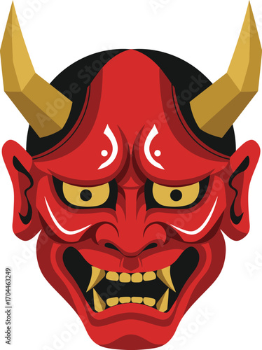 Red Japanese Oni Mask Illustration with Golden Horns, Traditional Folklore Demon Symbol, Ancient Cultural Theatrical Art and Design Element.