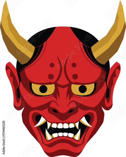Red Japanese Oni Mask with Golden Horns, Traditional Folklore Demon Symbol, Ancient Cultural Theatrical Art and Design Element.
