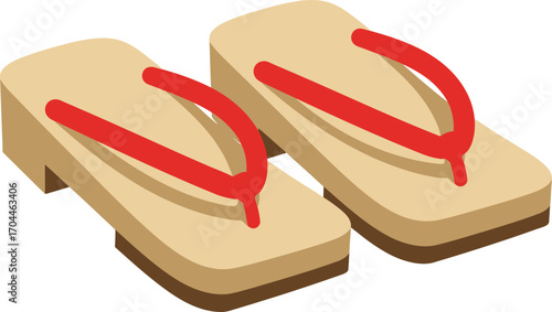 Traditional Japanese Geta Sandals Illustration, Wooden Footwear with Red Straps, Asian Cultural Accessory for Kimono and Yukata Outfits.