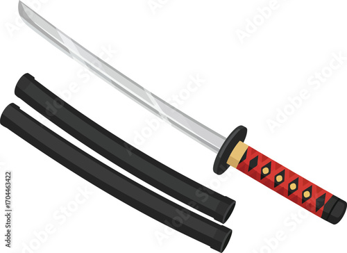 Traditional Japanese Katana Sword Illustration, Ancient Samurai Weapon, Martial Arts Equipment, East Asian Cultural Heritage and Design.