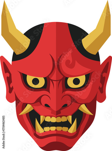 Traditional Japanese Oni mask, a striking and detailed symbol of a demon from folklore, with fierce and intense expression, symbolizing evil spirit.