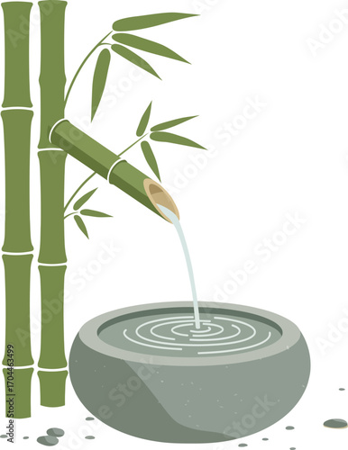 Traditional Japanese Shishi-odoshi Water Fountain Vector Art, Featuring Bamboo Tubes and a Serene Basin with Ripples, a Symbol of Japanese Gardens, Meditation and Asian Culture.