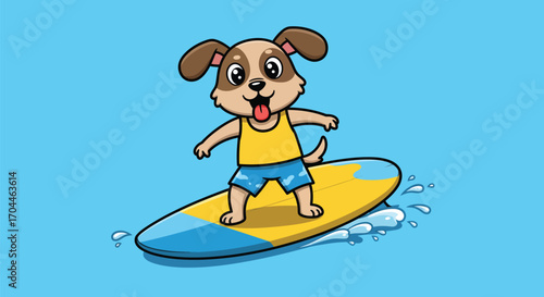 A cute cartoon puppy dog wearing a yellow tank top and blue shorts, happily surfing on a surfboard in the ocean.