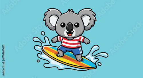 Cartoon koala surfing on a wave with a striped shirt and blue shorts.