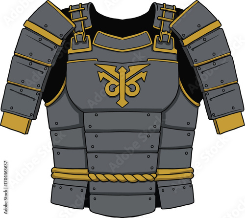 Traditional Samurai Armor Torso Illustration, Ancient Japanese Cultural Attire, Warrior Suit of Armour for Battle, East Asia Historical Design.