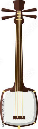 Traditional three-stringed shamisen instrument with a stylized black and white design, symbolizing Japan's rich cultural heritage, historical music, and artistic performance.