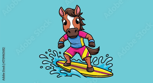 A cute cartoon horse wearing a wetsuit and shorts surfs on a yellow surfboard on a blue background.
