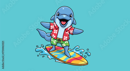 Cartoon dolphin wearing a Hawaiian shirt and shorts, surfing on a colorful surfboard.
