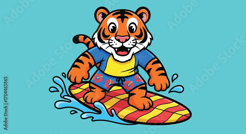 A cute cartoon tiger wearing a shirt and shorts happily surfs on a striped surfboard against a blue background.