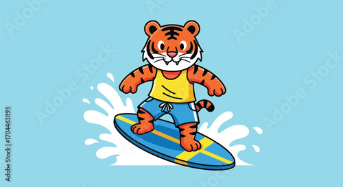 Cartoon tiger wearing a yellow shirt and blue shorts surfing on a blue surfboard with water splashes.