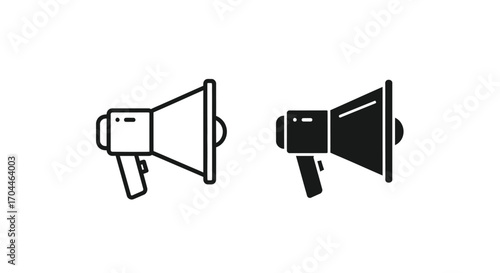 Two megaphone icons, one outlined and the other solid black, representing announcements and communication.