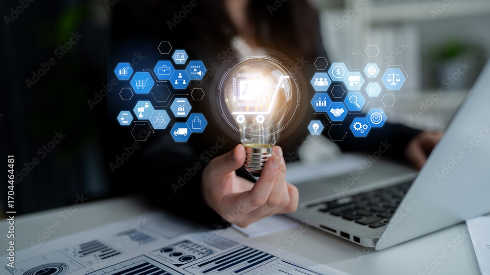 Fototapeta premium AI-powered e-commerce ecosystem connecting customer data, marketing, logistics, product management, and business intelligence to drive retail efficiency and digital growth Latch