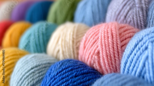 Colorful wool yarn balls close-up macro texture